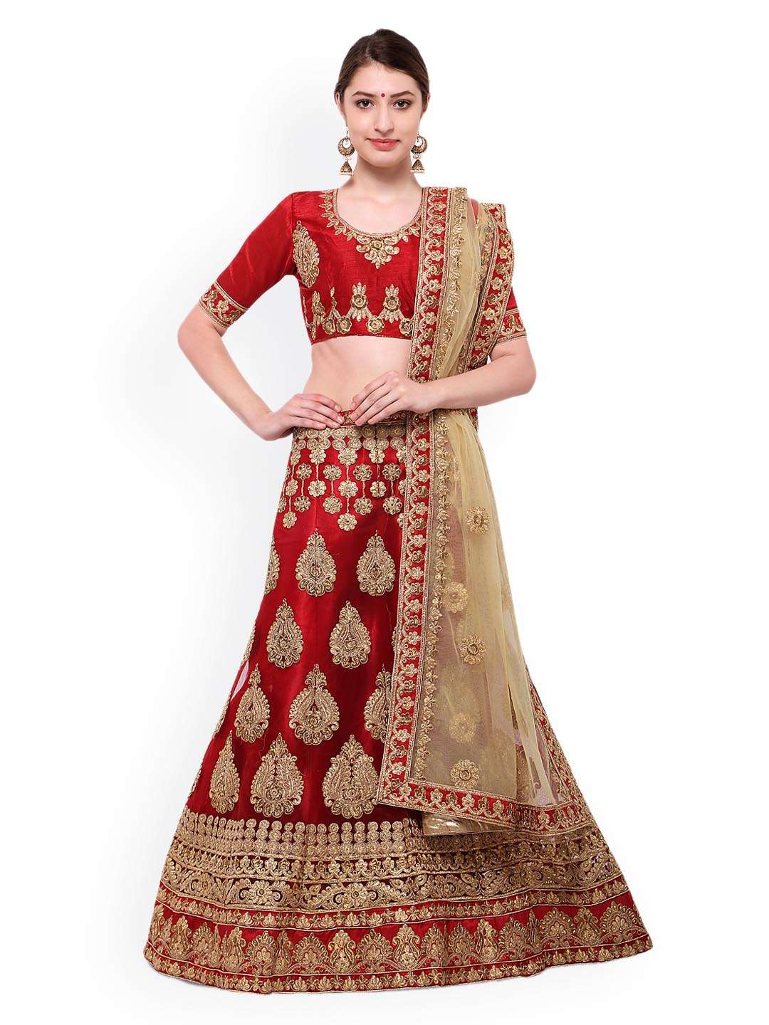 Maroon & Golden Semi-Stitched Myntra Bridal Lehenga & Unstitched Blouse  with Dupatta | Raw silk lehenga, Lehenga, Western outfits women